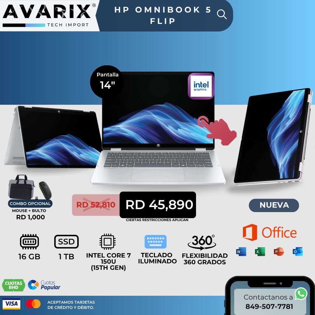 HP OmniBook 5 Flip — Intel Core 7 150U (15th Gen), 16GB RAM, 1TB SSD